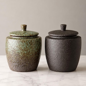 May include: Two ceramic jars with lids. One is mottled green and brown, the other is dark brown. Both have a textured surface and a small knob on the lid. The jars are on a white marble surface.