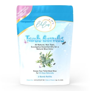 May include: A white and blue pouch of "Tank Bombs" toilet bowl cleaner. The package features the text "Tank Bombs", "All Natural, Non Toxic, Eucalyptus Essential Oils for a Natural Blue Color", and "Keeps Your Toilet Bowl Blue for 30 Days Naturally".