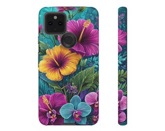 May include: A phone case featuring a vibrant floral design. The case showcases a colorful arrangement of hibiscus, orchids, and other tropical flowers in shades of purple, yellow, and teal against a dark teal background. The side of the case also displays the floral pattern.