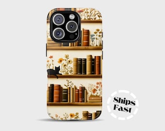 Funda para iPhone con diseño de gato y estantería floral / Regalo para amantes de los libros