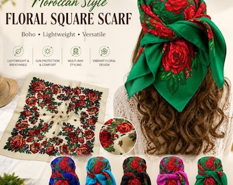 Lenço quadrado floral estilo marroquino para mulheres, bandana boho estampada, xale leve para proteção solar e uso externo.