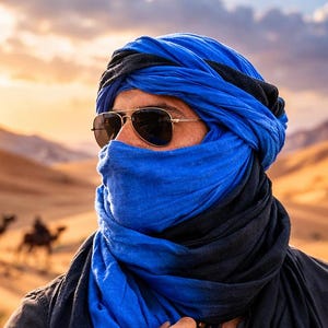 Puede incluir: Una persona en el desierto con una bufanda azul y negra, gafas de sol y un turbante a juego. La persona lleva una camisa oscura y varias pulseras. También se ven una brújula y un reloj. El fondo muestra un paisaje desértico con camellos.