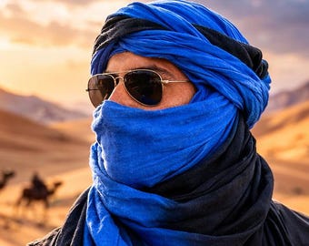 Original Moroccan Desert Head Scarf Indigo Blue Saharan Tuareg Style Wrap Handmade Bedouin Berber Desert Shawl Traditional Sahara Turban
