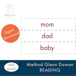 Puede incluir: Gráfico de descarga digital con las palabras "mamá", "papá" y "bebé" en rojo. La imagen también incluye el texto "Método Glenn Doman READING" y "Bebés a partir de 6 meses."