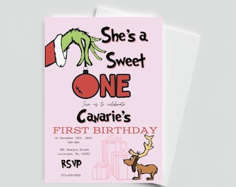 Grinch Themed First Birthday Invitation (Customizable)