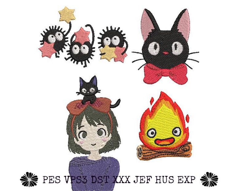 Op de afbeelding: Geborduurde ontwerpen met personages uit een populaire animatiefilm. Inclusief een zwarte kat met een rode strik, een meisje met een zwarte kat op haar hoofd, een vlam en kleine zwarte wezens met ster- en bloemblad-vormige accenten.