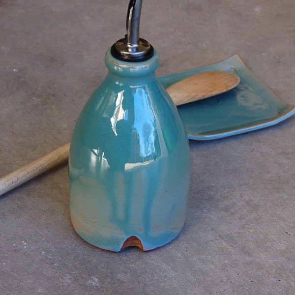 Olive Oil Vinegar Cruet, Soap Dispenser Bottle, Ceramics and Pottery Kitchen Bath in Turquoise