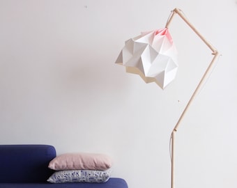 Snowdrop floor lamp, origami and wood design, standing lamp shade