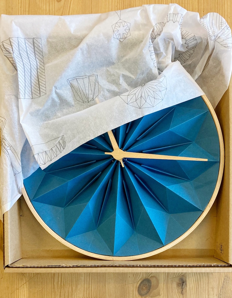 Paper anniversary origami clock with wooden frame, first anniversary gift, modern unique gift for paper anniversary, frozen blue image 8