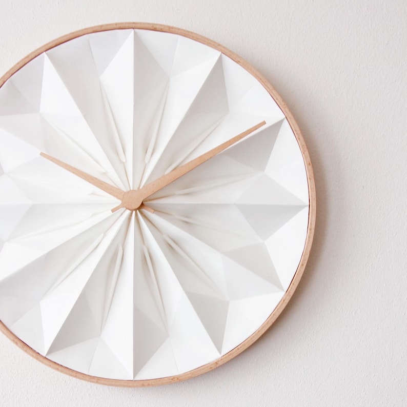 Origami wall clock white, first anniversary gift, unique paper clock with wooden frame image 7