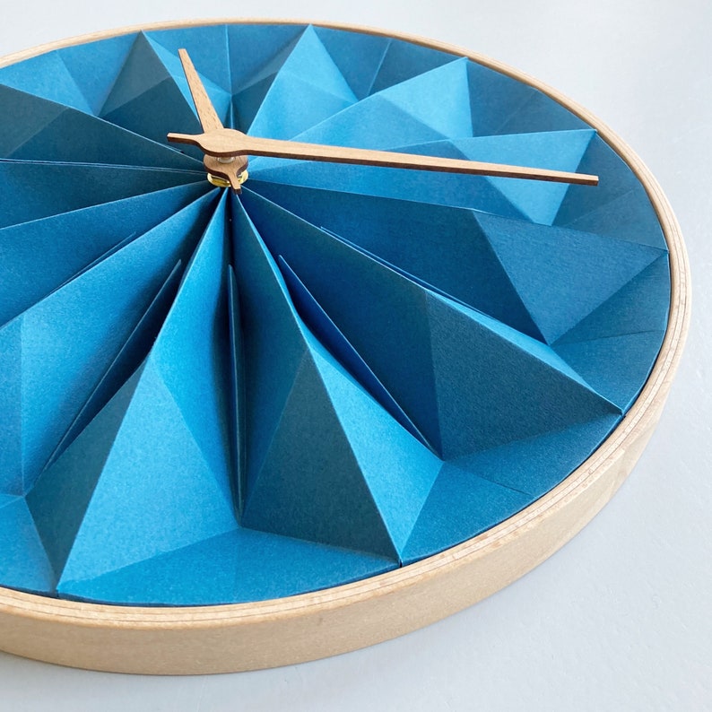 Paper anniversary origami clock with wooden frame, first anniversary gift, modern unique gift for paper anniversary, frozen blue image 3