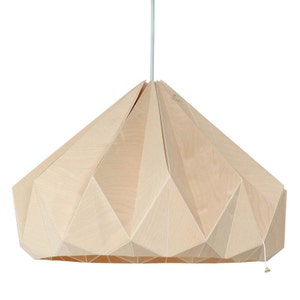 May include: A light wood pendant lamp with a geometric, origami-style design. The lampshade is made of thin, folded wood panels and has a light beige color.