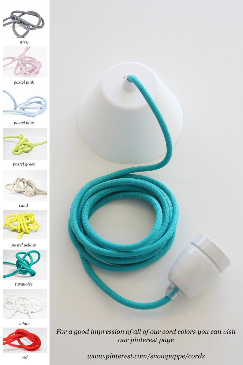 May include: A turquoise electrical cord with a white ceramic light socket and a white lampshade. The cord is coiled and ready to be used.  For a good impression of all of our cord colors you can visit our pinterest page www.pinterest.com/snowpuppe/cords