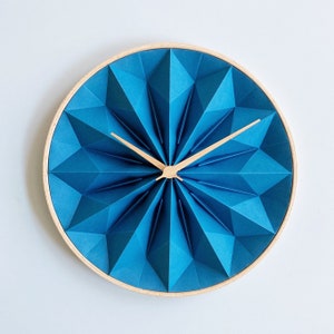 Paper anniversary origami clock with wooden frame, first anniversary gift, modern unique gift for paper anniversary, frozen blue image 1