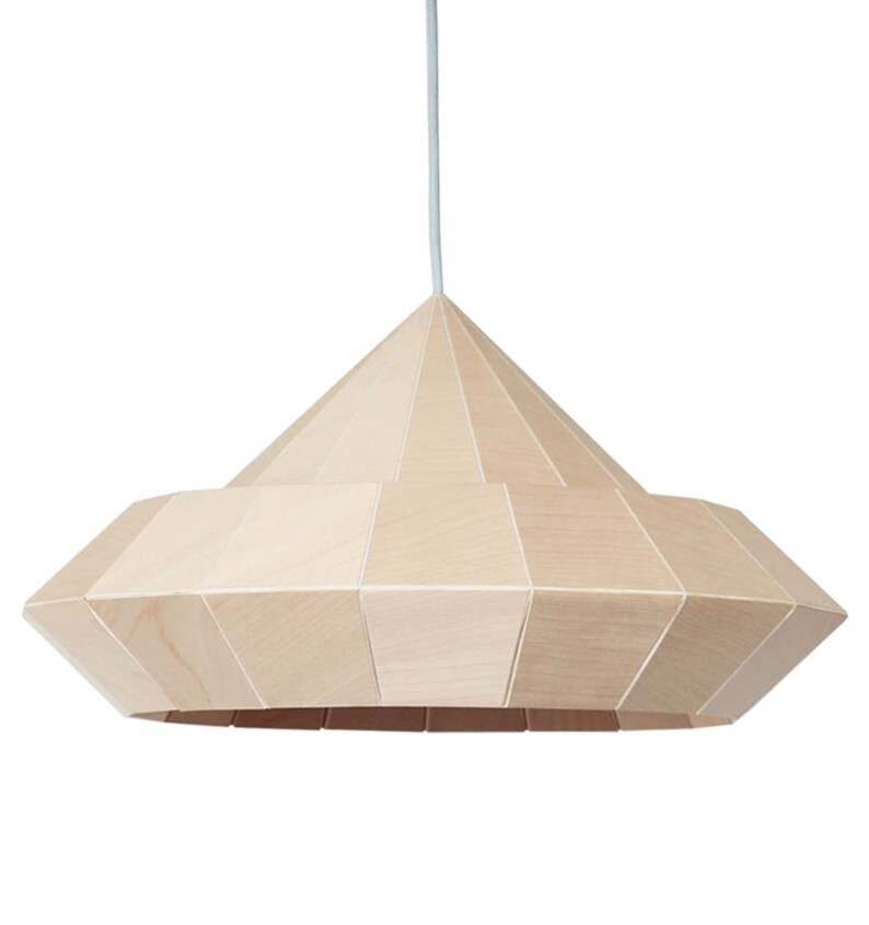 May include: A light wood pendant light with a geometric, multi-faceted design. The light fixture has a cone shape with a wide, flat base.