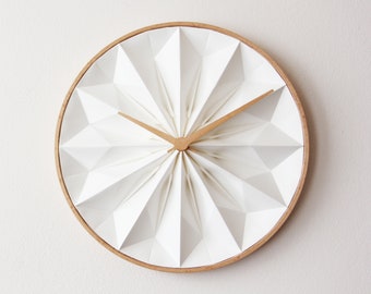 Origami wall clock white, first anniversary gift, unique paper clock with wooden frame