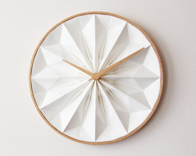 Featured listing image: Origami wall clock white, first anniversary gift, unique paper clock with wooden frame