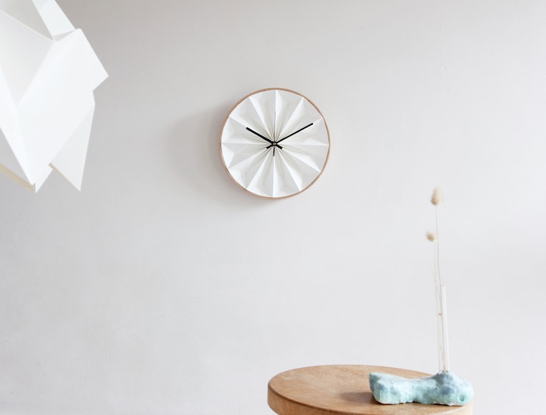 Origami wall clock white, first anniversary gift, unique paper clock with wooden frame image 6