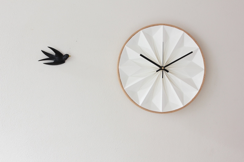 Origami wall clock white, first anniversary gift, unique paper clock with wooden frame image 5