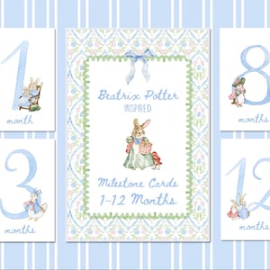 May include: Beatrix Potter-inspired milestone cards for babies, featuring watercolor illustrations of bunnies and other characters. The cards are numbered 1, 3, 8, and 12, with the word "month" below each number. The central card has the text "Beatrix Potter Inspired" and "Milestone Cards 1-12 Months".