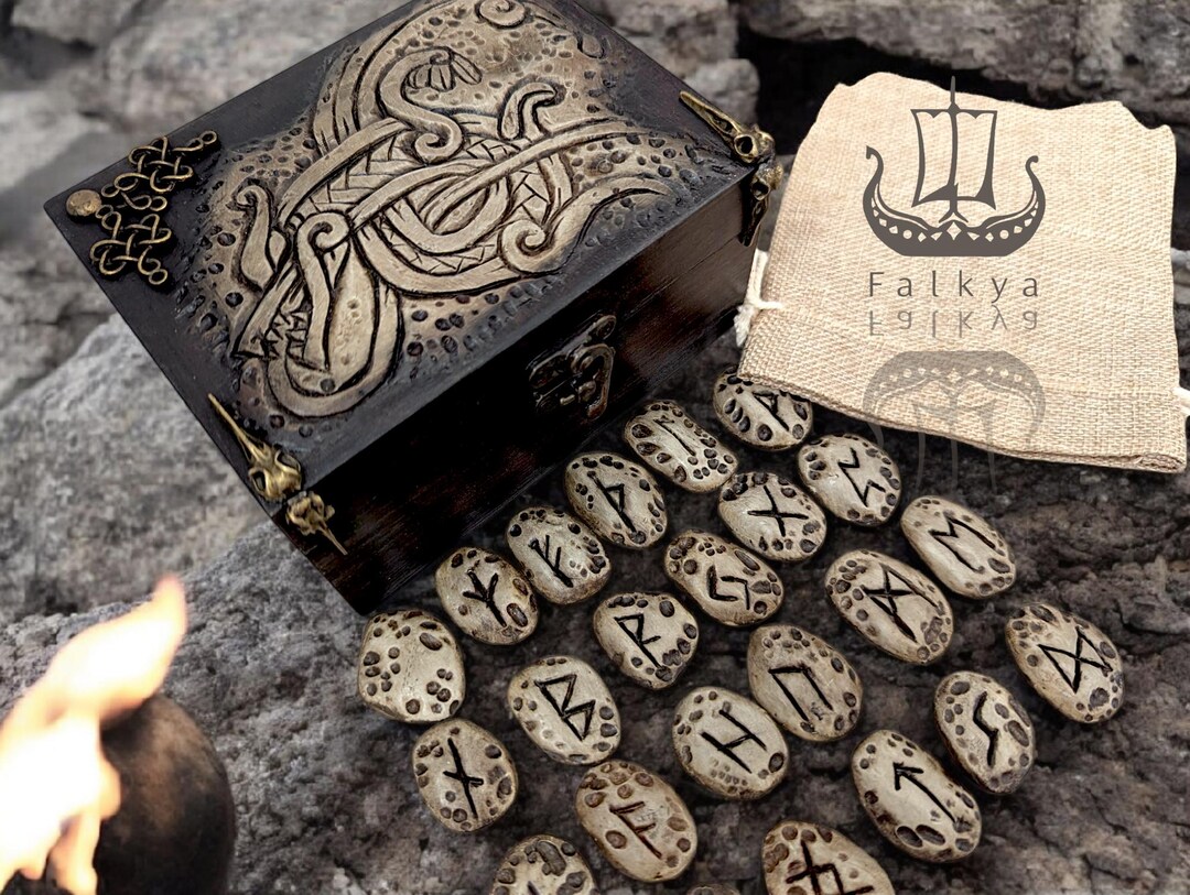 Fafnir Rune Box, Set of Elder Futhark Pagan Runes, Handmade Wooden Box ...
