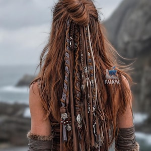 Boho Viking style hair accessories: fabric dreadlocks on elastic, brown and gray braids, and boho beads. LARP hair jewelry.