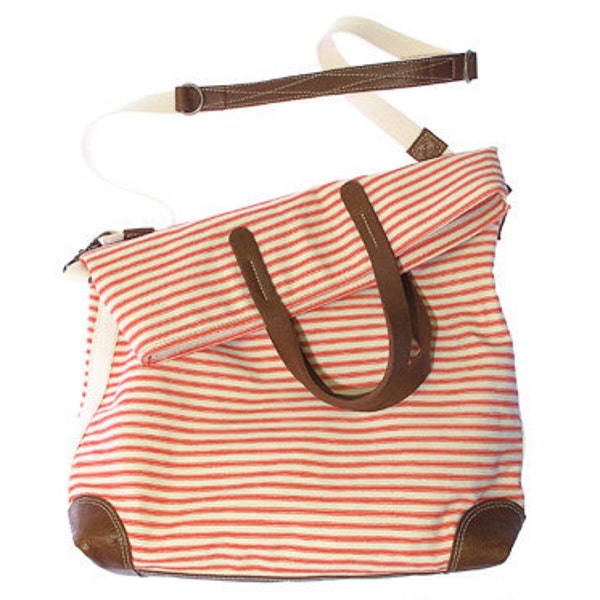 Workhorse bag in bright coral striped cotton/linen fabric with leather trim