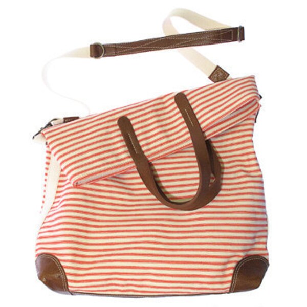 Workhorse bag in bright coral striped cotton/linen fabric with leather trim