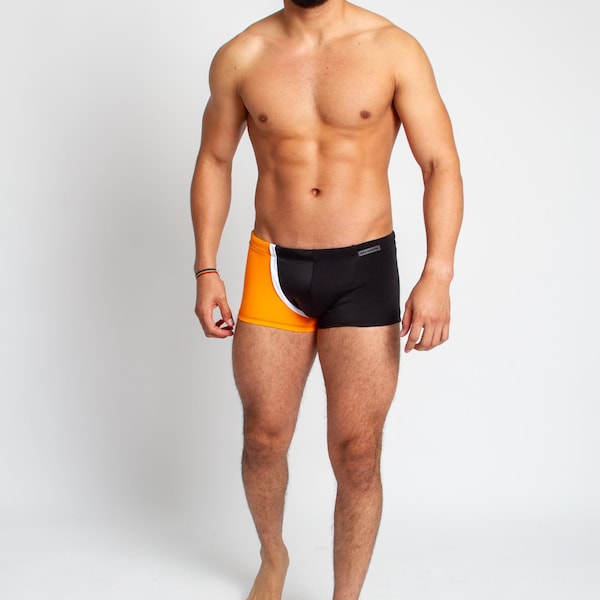 Cueca Boxer Masculina Laranja e Preta – Estampa Panthera | Cueca Sexy de Cintura Baixa | Cueca Confortável com Bolsa Frontal | Girafas Selvagens