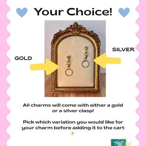 May include: A pink and white graphic with the text "Your Choice!" and arrows pointing to gold and silver charms. The text reads "All charms will come with either a gold or a silver clasp! Pick which variation you would like for your charm before adding it to the cart."
