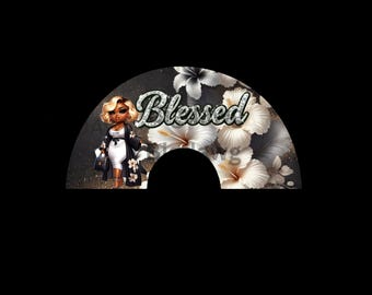 May include: A digital illustration featuring a stylish woman in a black and white outfit, set against a backdrop of white and gray hibiscus flowers. The word "Blessed" is written in a sparkling, cursive font.