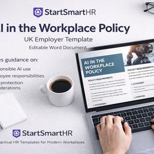 May include: A laptop displays a document titled "AI in the Workplace Policy." The image includes a coffee cup, notebook, pen, and eyeglasses. The document is a UK Employer Template, with guidance on responsible AI use, employee responsibilities, and data protection.