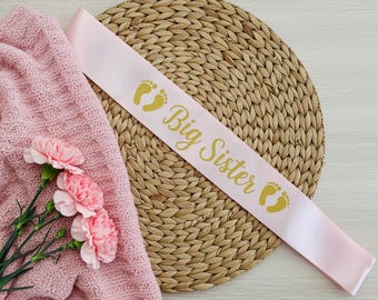 Personalized "Big Sister" Sash with Gold Footprints – Baby Shower or Gender Reveal Gift for Sister-to-Be – Cute Pregnancy Announcement
