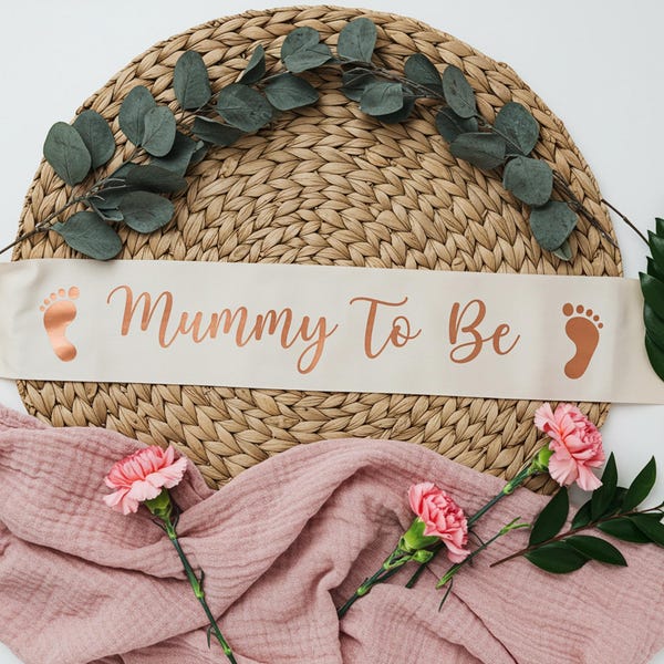 Banda de satén para futura mamá – Banda para baby shower en oro rosa – Banda para baby shower de maternidad o fiesta de revelación de género - Banda de satén personalizada para baby shower