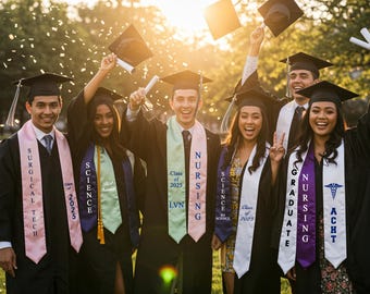 May include: Group of graduates in black gowns and mortarboards, celebrating outdoors. They wear stoles with text like "SURGICAL TECH," "SCIENCE," and "NURSING." The image captures a moment of joy with confetti and raised caps.