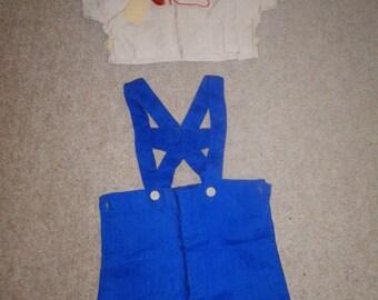 Cute Vintage Set for Toddler Boy - Blue shorts with braces and beige shirt