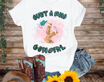 Camiseta "Apenas uma Cowgirl Emo" | Camiseta com estampa tipográfica de Cowgirl Emo
