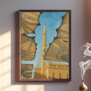 Madinah Minaret Digital Wall Art – Islamic Architecture Print, Masjid al-Nabawi Umbrella Scene, Medina Mosque, Nabawi Mosque, Islamic Art