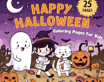 Peut inclure: Couverture de livre de coloriage sur le thème d'Halloween. L'image présente un fantôme, une sorcière, un chat et des citrouilles sculptées. Le texte "Happy Halloween" est en orange, avec "Coloriages pour enfants" et un badge "25 pages".