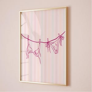 Summer Print Pink Bikini on Clothesline Digital Print, Trendy Wall Art, Coastal Girly Print, Preppy Aesthetic, Beach Dorm Room Decor