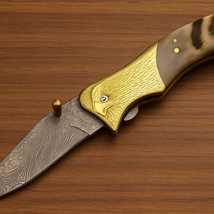 Handmade Damascus Folding Knife | Brass Eagle Bolster | Bone Handle | Custom Pocket Knife | The King Steel