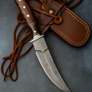 Handmade Damascus Steel Hunting Knife with Leather Sheath | Full Tang | Walnut Wood Handle | The King Steel