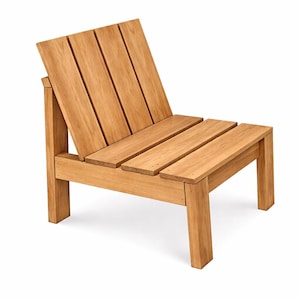 May include: A wooden outdoor chair with a slatted seat and backrest. The chair is made of light brown wood and has a simple, modern design. The backrest is angled for comfort.