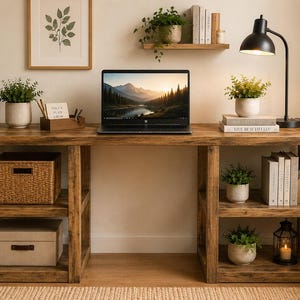May include: A rustic wooden desk with open shelving, a laptop, and decorative plants. The desk has a natural wood finish and is accessorized with a black desk lamp, books, and a woven basket. The laptop displays a scenic landscape.