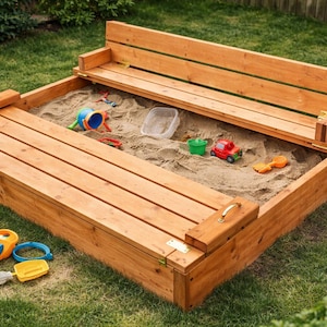May include: A wooden sandbox with a bench and lid, filled with sand and colourful toys. The sandbox is surrounded by green grass. Includes a green bucket, toy truck, and sand tools.