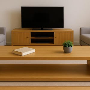 May include: A contemporary living room scene with a light wood coffee table, a book, and a small potted plant. A TV is above a matching wood cabinet, with two grey armchairs on either side.