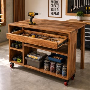 May include: A wooden mobile workbench with a large top surface, a pull-out drawer with multiple compartments for hardware, and open shelving units. The workbench features four red caster wheels and is stocked with various power tools and containers.