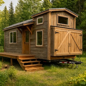 Könnte beinhalten: Ein kleines, rustikales Holzhaus auf Rädern, eingebettet in einen üppigen grünen Wald. Die Kabine verfügt über eine Holzterrasse, Treppen und Fenster. Das Äußere besteht aus verwittertem Holz mit einer hellen Holztür und einem Stauraum.