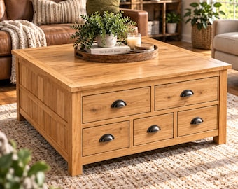 Square Coffee Table with Drawers Plan | DIY Woodworking Furniture PDF | Living Room Table