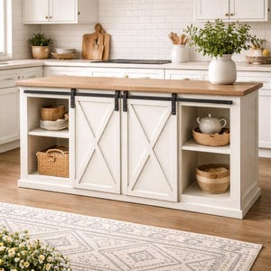 May include: A white kitchen island with a natural wood countertop and sliding barn-style doors. The island features open shelving with baskets and a white teapot. The island is set in a bright, airy kitchen.